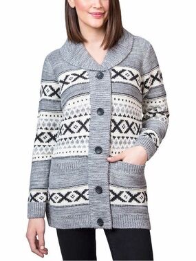 Nicole Miller Fair Isle Cardigan Size M Chunky Button  Knit Long Wool Apres Ski